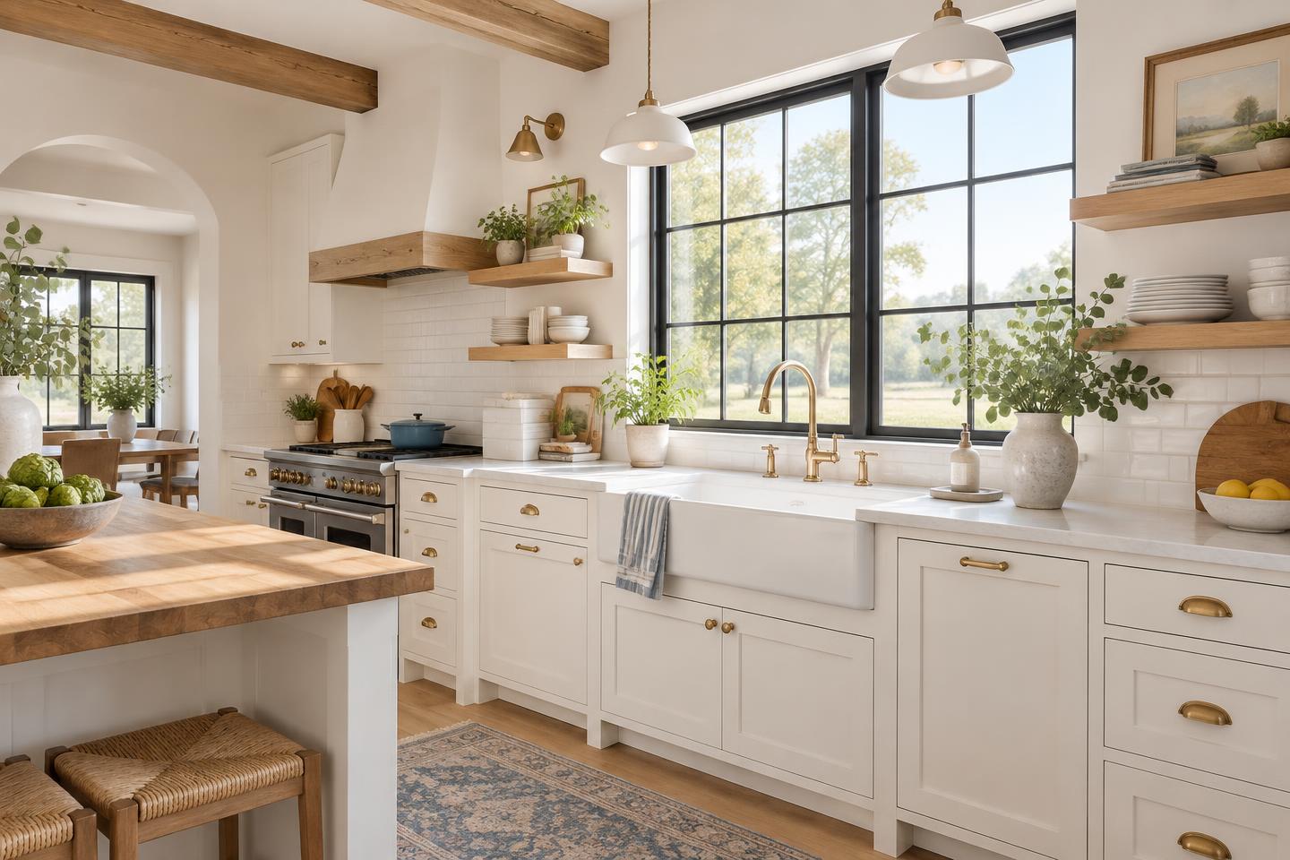 Sunlit, freshly cleaned kitchen counter in warm morning light